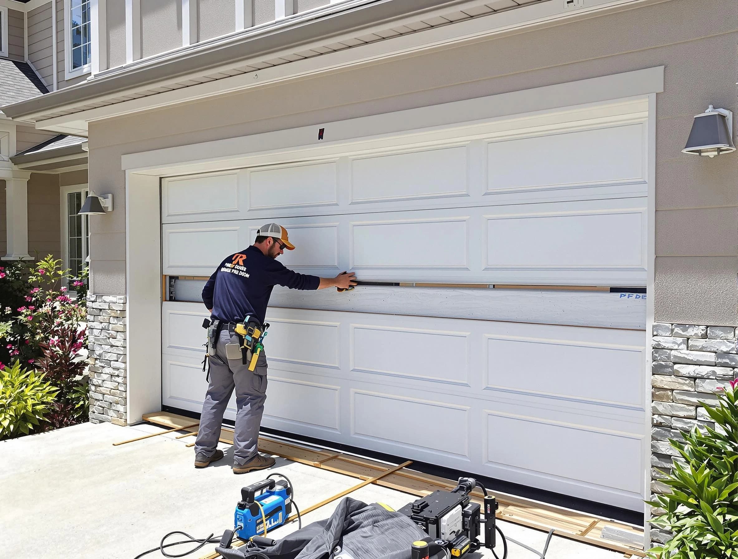 Medford Garage Door Repair team performing complete garage door replacement at Medford residence