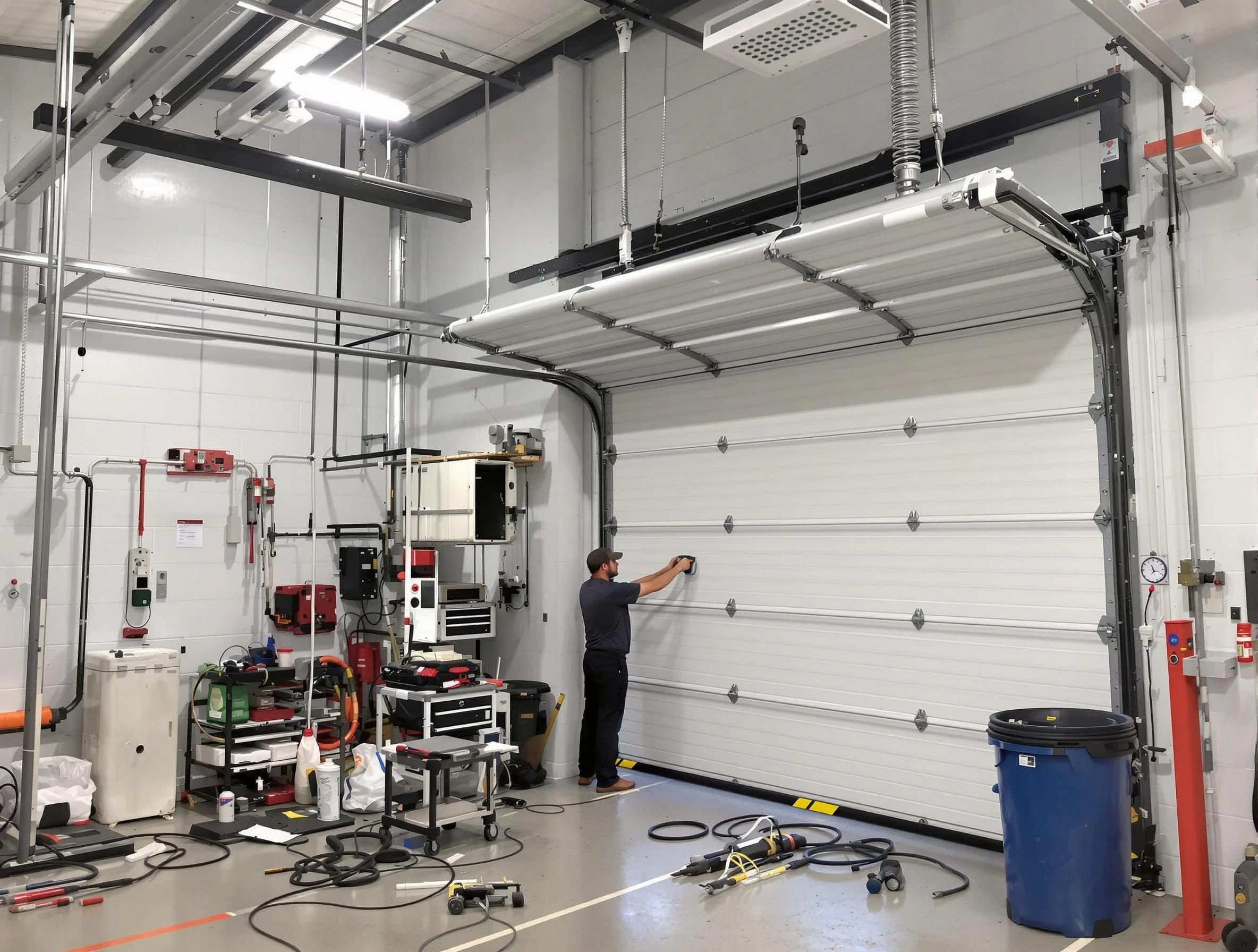Medford Garage Door Repair certified technician performing commercial door repair at a Medford business facility