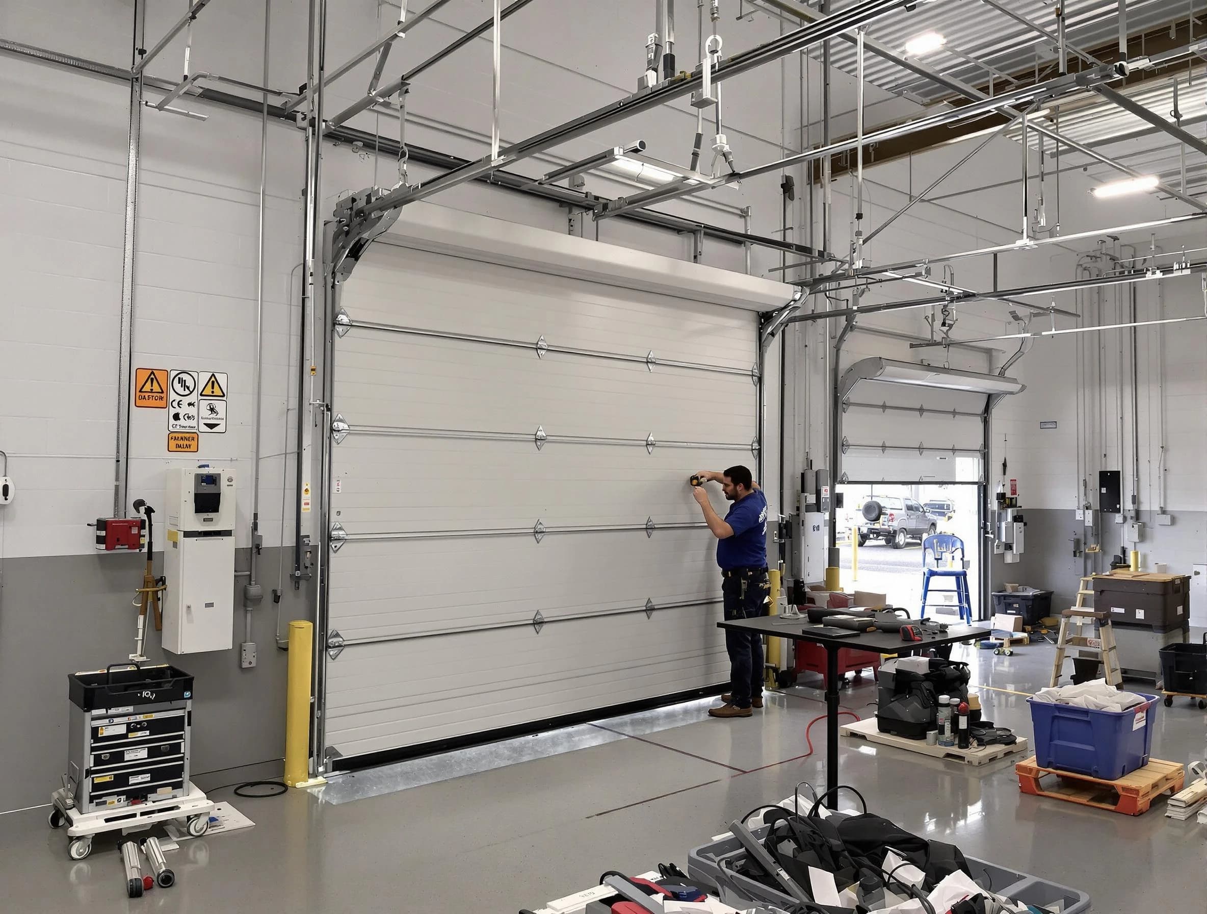 Commercial garage door repair being performed by Medford Garage Door Repair expert in Medford