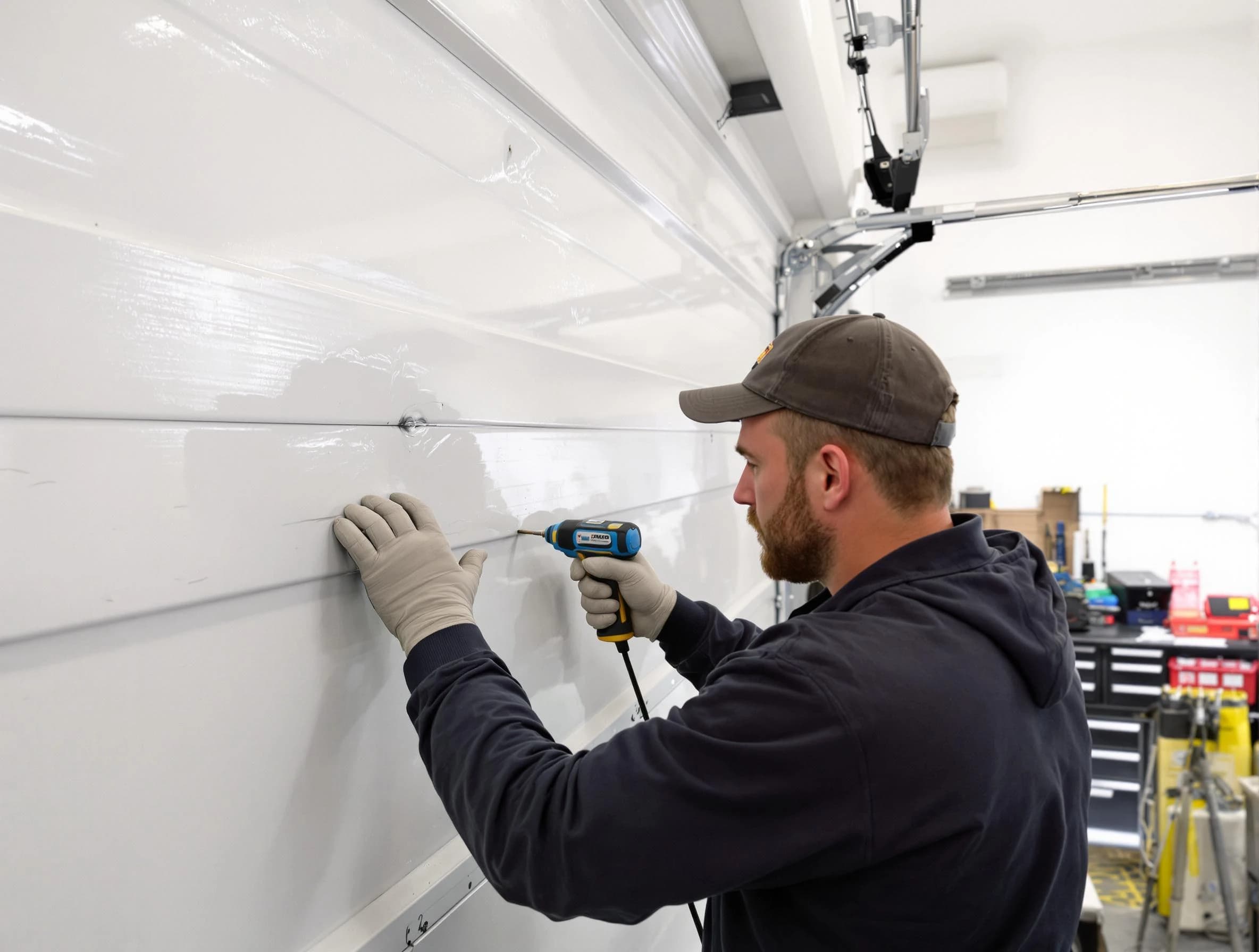 Medford Garage Door Repair technician demonstrating precision dent removal techniques on a Medford garage door