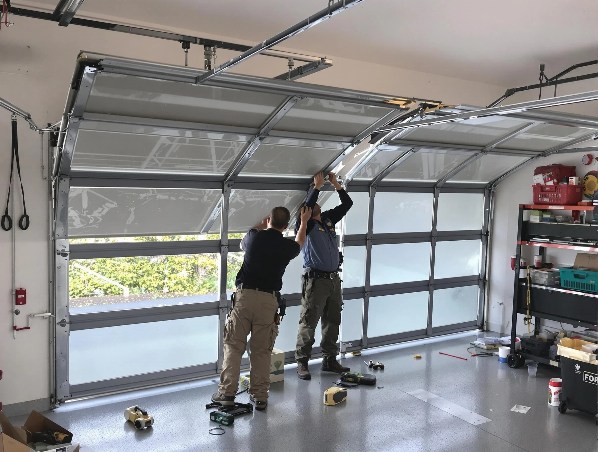 Medford Garage Door Repair expert performing precise panel replacement on Medford garage door